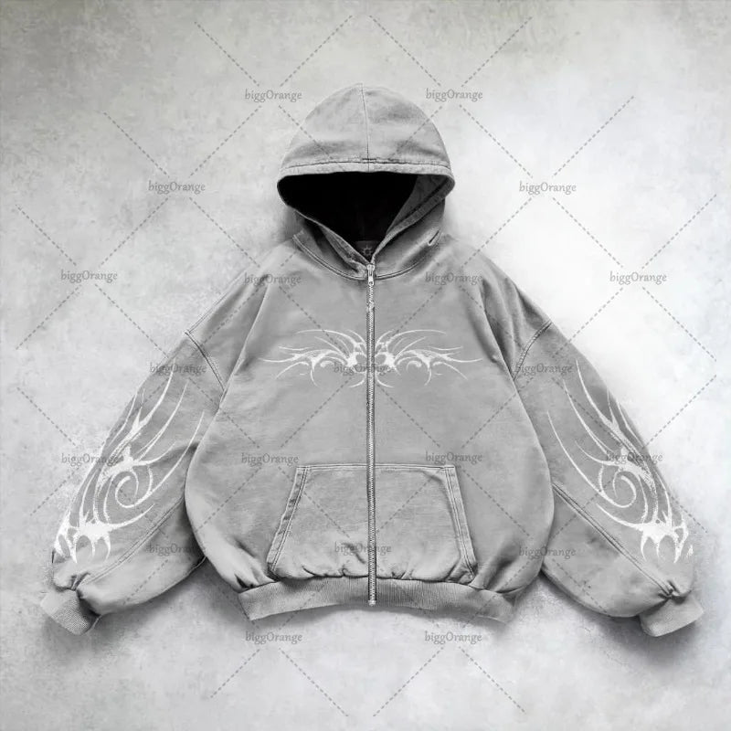 Gothic Punk Graphic Print Oversized Sweatshirt High Street Harajuku Y2K Streetwear Jacket Men Hip Hop Retro Casual Zipper Hoodie Street King Limited