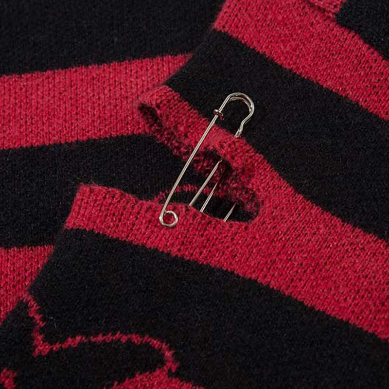 2023 Hip Hop Striped Knitted Sweater Streetwear Butterfly Graphic Distressed Ripped Pullover Men Harajuku Casual Knitwear Unisex Street King Limited