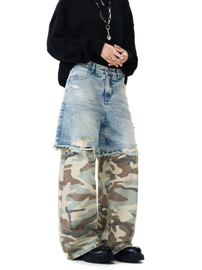 Camouflage Patchwork Jeans Mens Fake Two Items Street Punk Unisex Denim Pants Multiple Pockets Blue Size S-3XL Cowboy Trousers Street King Limited
