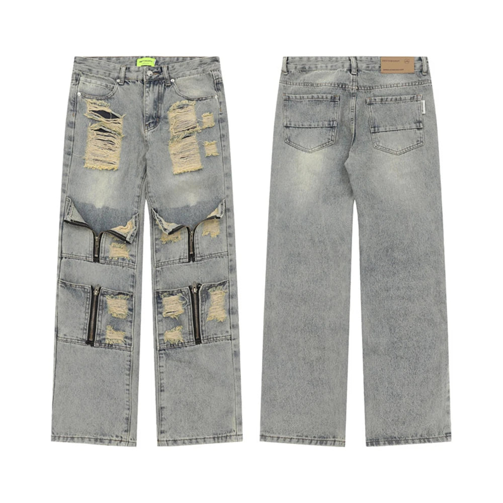 2024 ripped jeans high street straight trousers destroyed hole baggy denim pants vintage retro hip hop 1 unique jeans style 4496