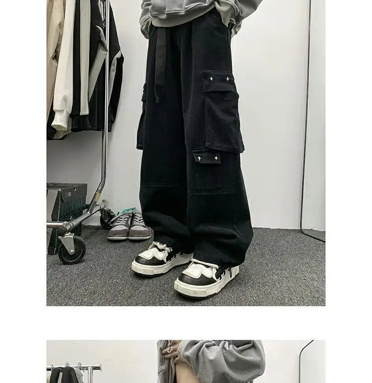 american hip hop large pocket workwear pants for men and women in autumn trend loose fitting straight leg casual wide leg pants unique default style 4772