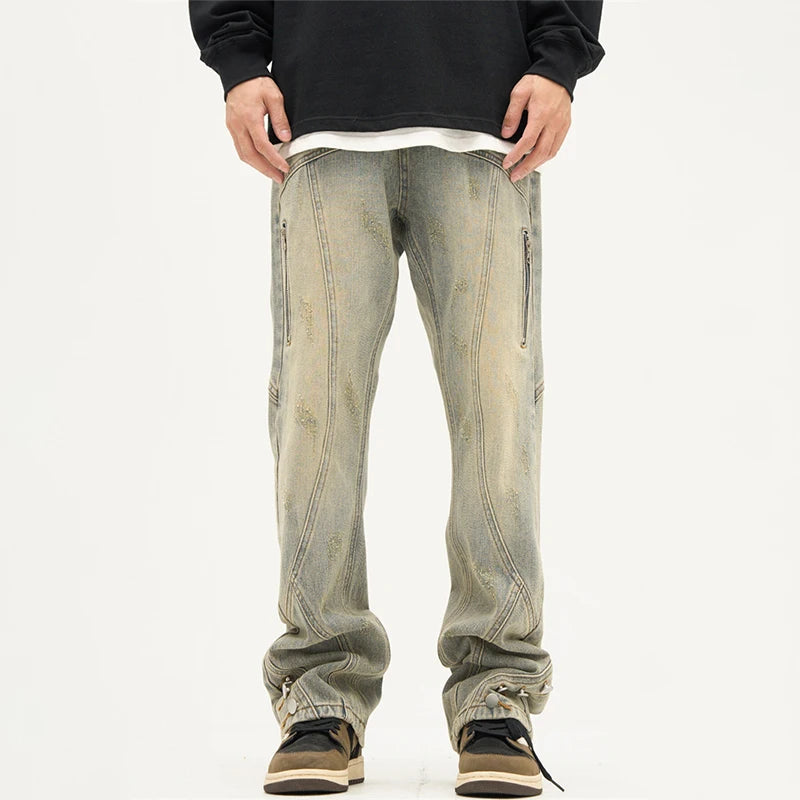 american high street retro straight jeans men casual patchwork y2k denim pants hip hop streetwear zipper baggy cargo jean combat utility trousers
