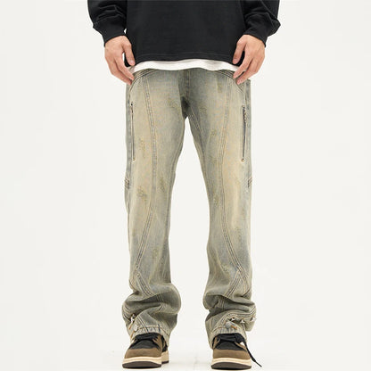 american high street retro straight jeans men casual patchwork y2k denim pants hip hop streetwear zipper baggy cargo jean combat utility trousers
