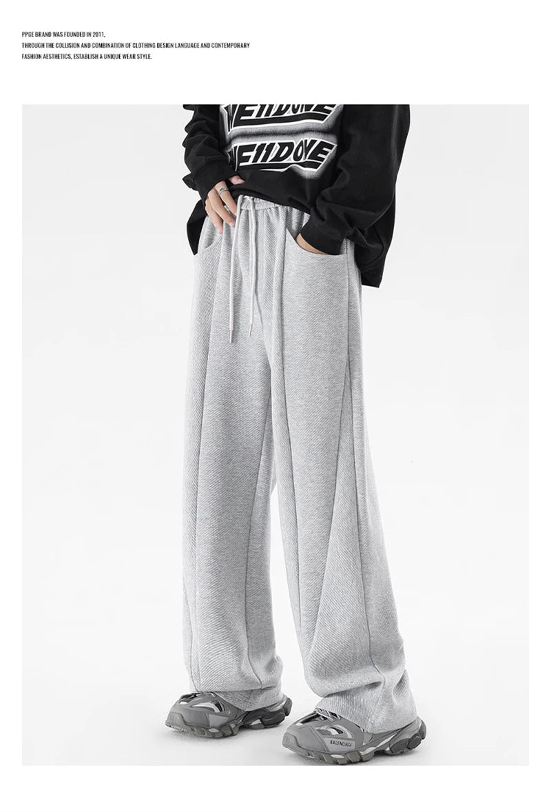 winter mens gray thickened straight leg sweatpants 2025 high street baggy drape pants korean fashion y2k casual trousers unique joggers style 152