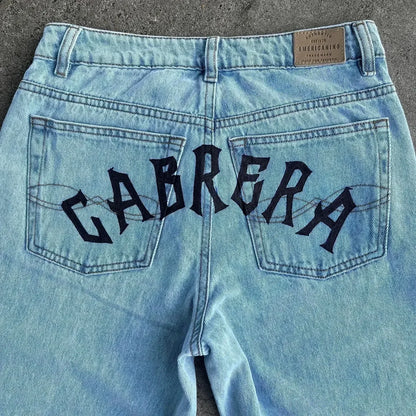 harajuku high street y2k baggy jeans punk popular print wide leg denim pants jeans streetwear trouser men clothing unique jeans style 1996