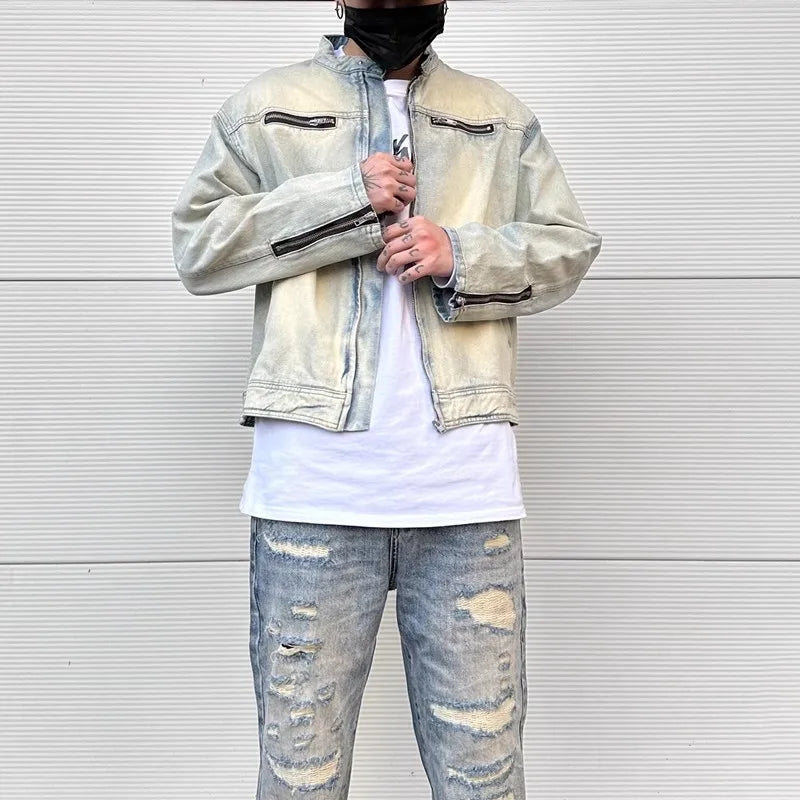 y2k streetwear washed biker jeans jackets for men and women zipper pocket ropa hombre windbreaker denim coat oversized unique jeans style 805