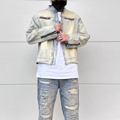 y2k streetwear washed biker jeans jackets for men and women zipper pocket ropa hombre windbreaker denim coat oversized unique jeans style 805