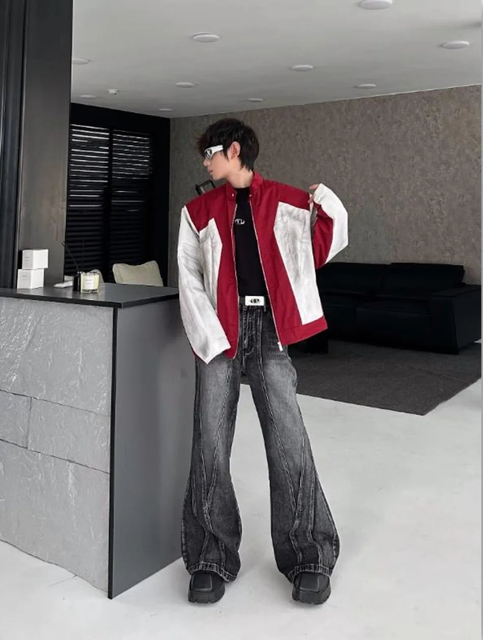 street american color block mens jacket 2024 new autumn zipper patchwork shoulder pads racing coats motorcycle windbreaker unique default style 3238