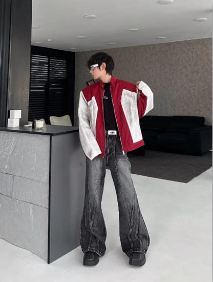 street american color block mens jacket 2024 new autumn zipper patchwork shoulder pads racing coats motorcycle windbreaker unique default style 3238