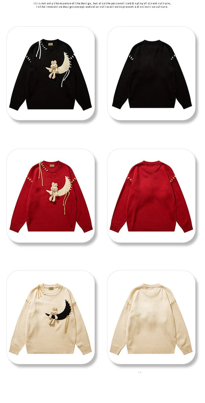 Men Harajuku Sweater Cartoon Duck Goose Embroidery Knitted Pullover Japanese College Style O-Neck Jumper Unisex Spring Autunm Street King Limited