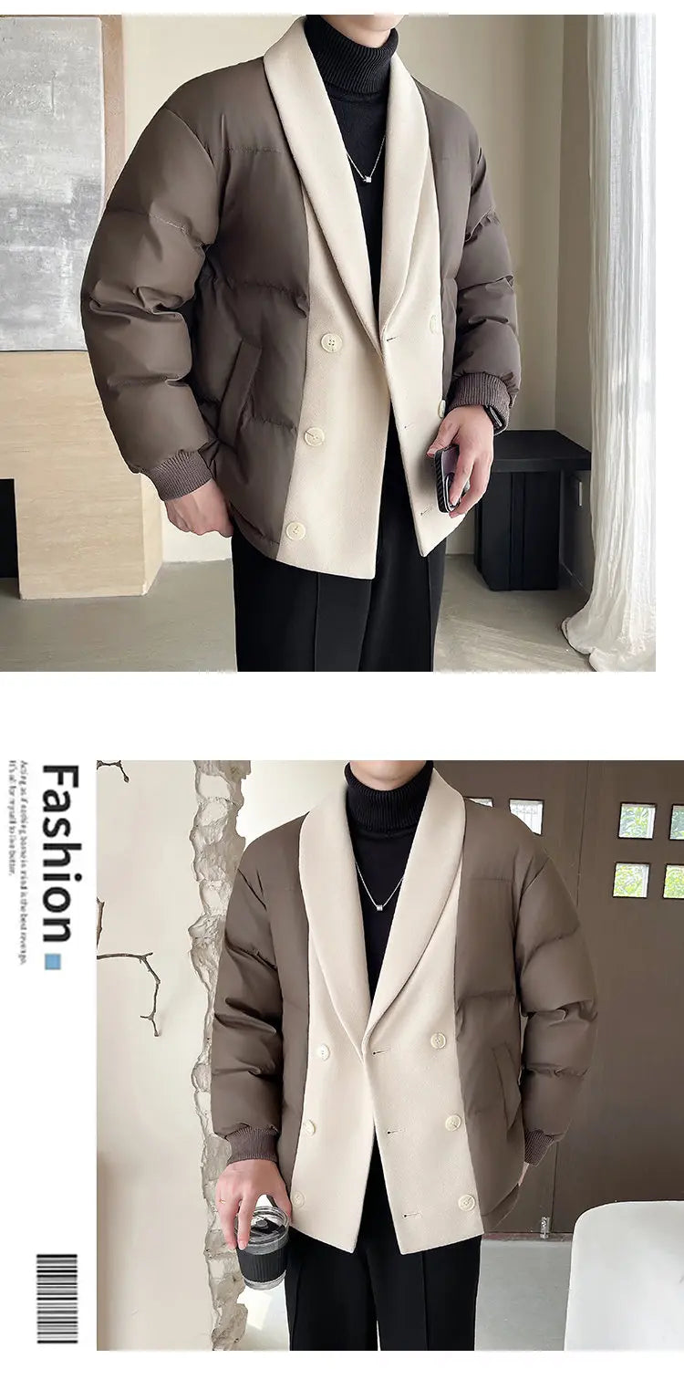 men winter woolen splice cotton padded business casual thicken warm jacket korean streetwear fashion parkas coat outerwear unique default style 1475