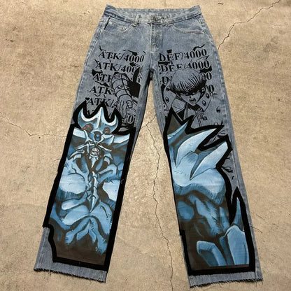 harajuku high street y2k baggy jeans punk popular print wide leg denim pants jeans streetwear trouser men clothing unique jeans style 1951