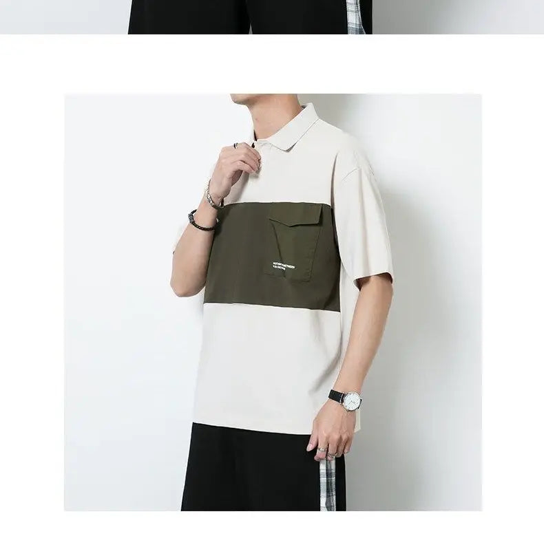 New polo shirt men's contrast color lapel spliced long sleeve t-shirt japanese large size loose sweatshirt bottoming shirt tops Street King Limited