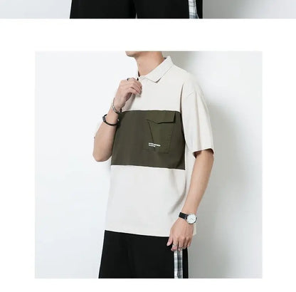 New polo shirt men's contrast color lapel spliced long sleeve t-shirt japanese large size loose sweatshirt bottoming shirt tops Street King Limited