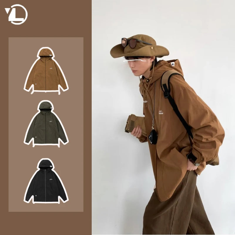outdoor sports charging jacket mens 2024 spring japanese casual waterproof hooded trench coat multi pocket hiking windbreaker menswear bottoms