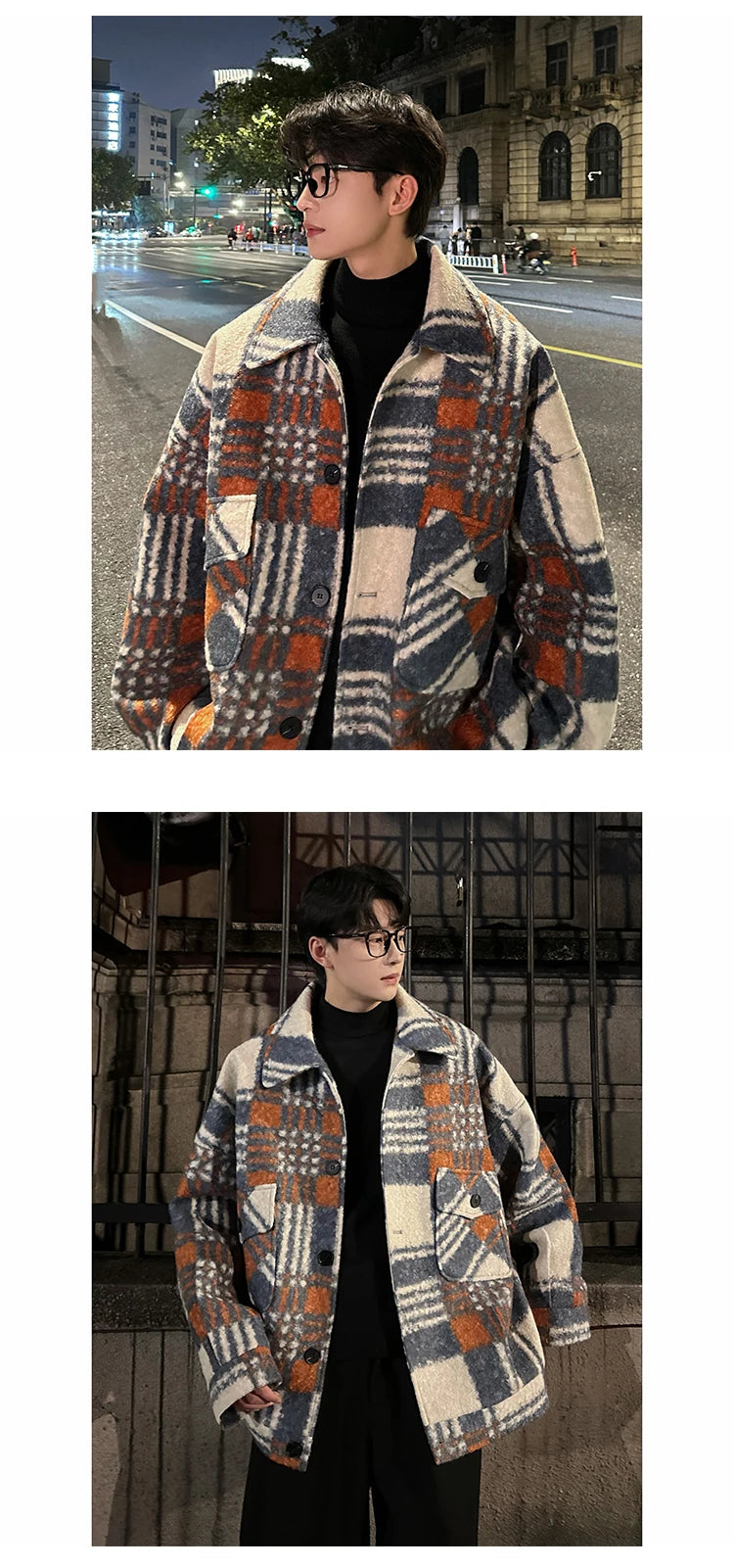 autumn winter campus boy plaid woolen coat men streetwear fashion loose casual retro thick jacket man bomber coat outerwear unique default style 943