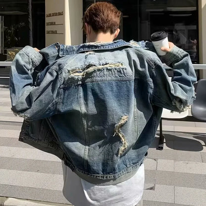 high street washed denim jacket mens trends new spring streetwear single breasted casual hip hop coats loose cowboy outwear denim street jeans