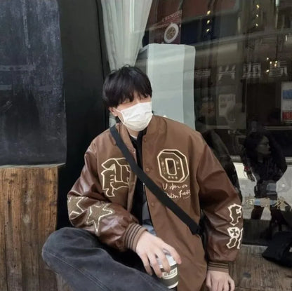 american retro mens baseball uniform street harajuku patchwork leather loose jackets color block towel embroidery trend coats unique default style 2925