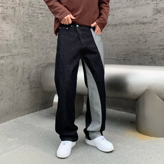 men streetwear splice denim fashion brand hip hop loose casual straight jeans pant cityboy deep blue y2k jeans trousers for men stacked flare jeans