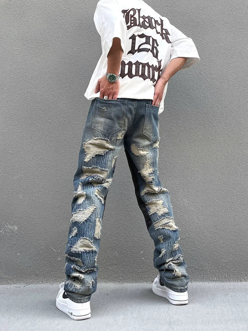 destroy ripped scratched patchwork denim jeans mens casual straight biker zipper trousers streetwear hip hop jean pants joggers urban active pants