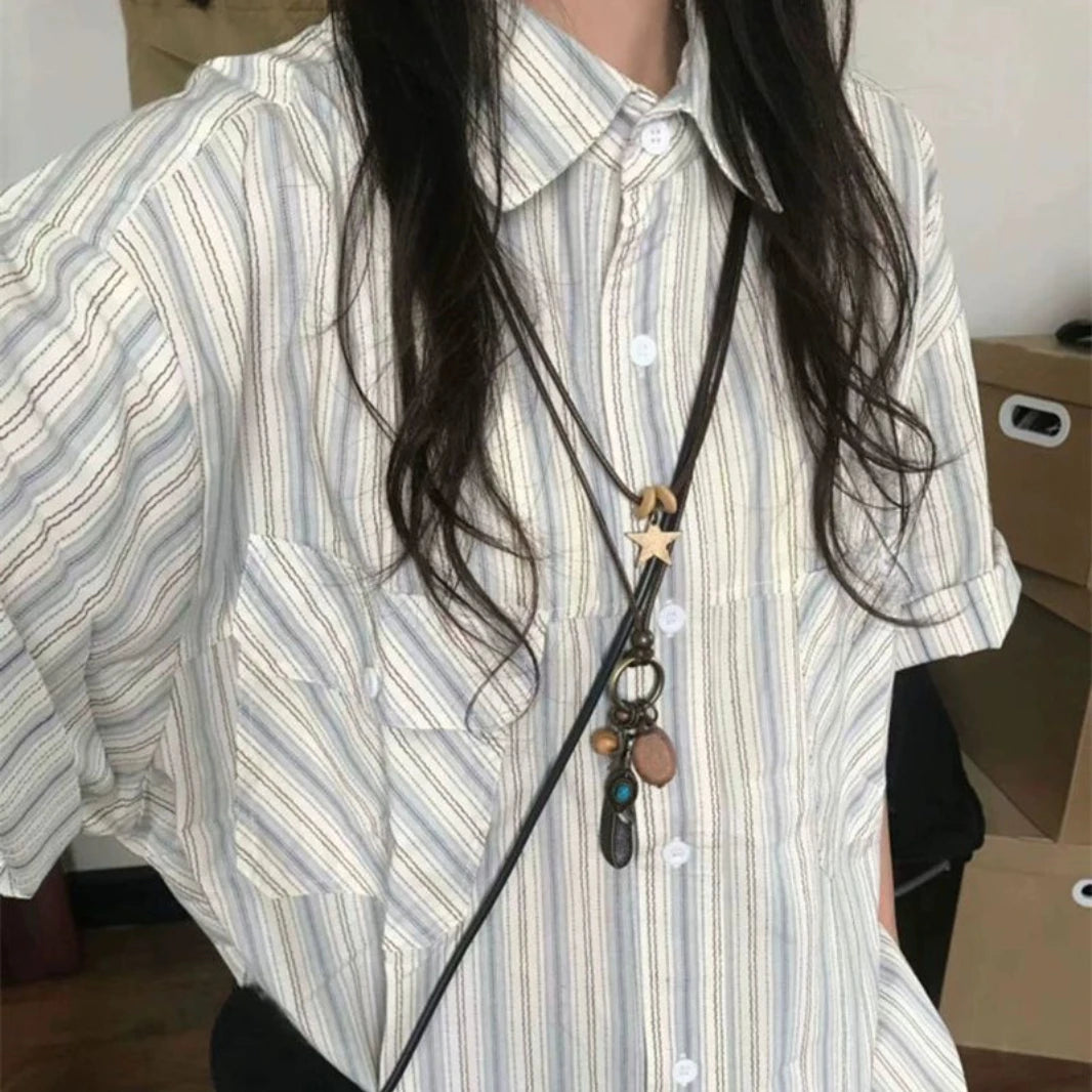 Korean Retro Blue Striped Short-sleeved Shirt for Women Summer 2024 New Niche Design Y2K Loose Half-sleeved Shirt Tops Street King Limited