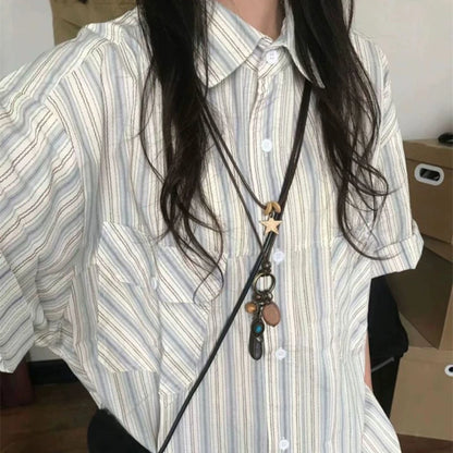 Korean Retro Blue Striped Short-sleeved Shirt for Women Summer 2024 New Niche Design Y2K Loose Half-sleeved Shirt Tops Street King Limited
