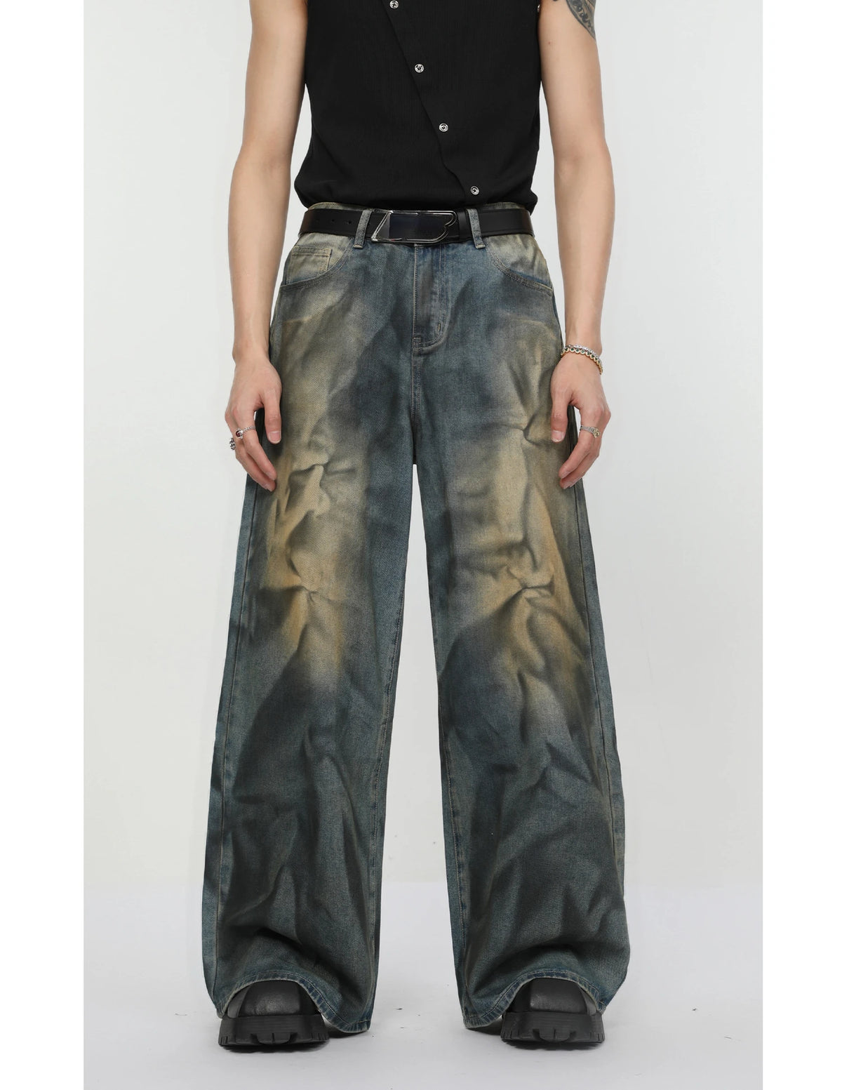 2 pieces sets mens fashion dirty graffiti wide shouder denim jeans jacket coat and wide legs pants joggers new streetwear sets unique joggers style 3571