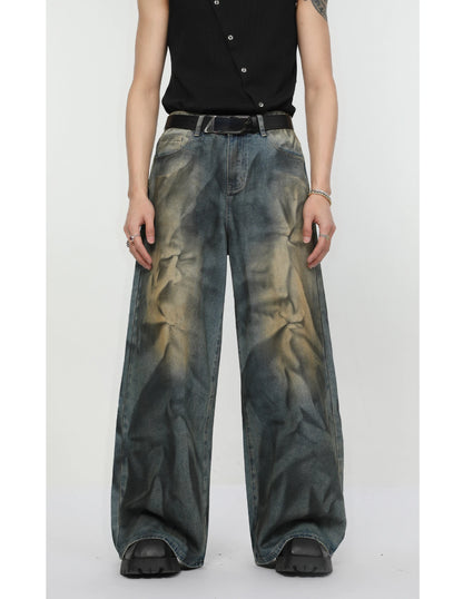 2 pieces sets mens fashion dirty graffiti wide shouder denim jeans jacket coat and wide legs pants joggers new streetwear sets unique joggers style 3571
