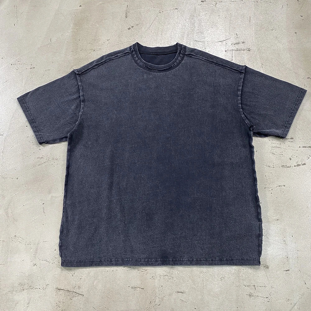 2024 Summer New Washed Oversized Tshirt Worn Out Retro Distressed Tee Raw Edge Men's Cotton Short Sleeved Tie Dyeing T-shirt Street King Limited