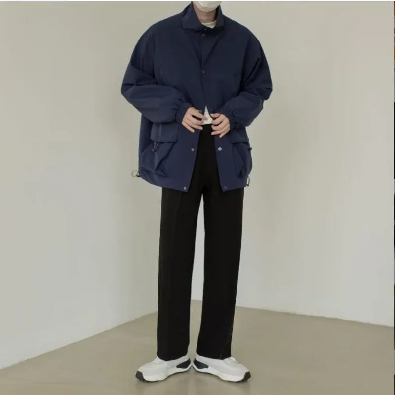 japanese spring jacket mens single breasted stand collar harajuku unisex coats solid big pocket drawstring casual men outwear unique default style 1889