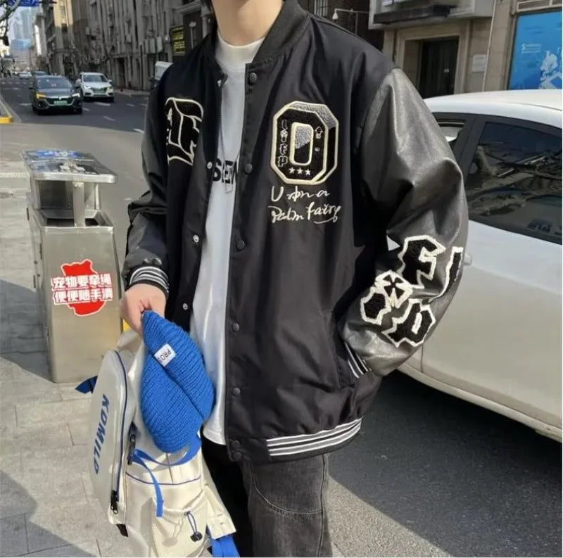 american retro mens baseball uniform street harajuku patchwork leather loose jackets color block towel embroidery trend coats unique default style 2914