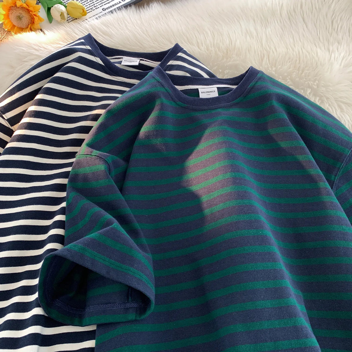 Japanese Striped Contrasting Color Short-Sleeved T-Shirt Men's Summer Pure Cotton 280g Heavy Loose Half-Sleeved T-Shirt Street King Limited