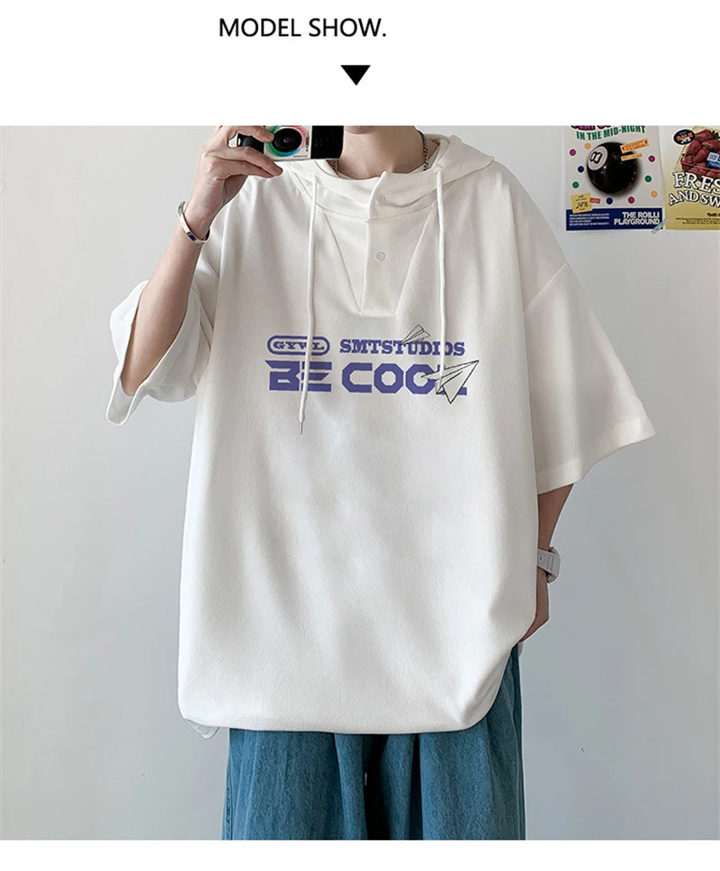 New Men's Casual Hooded Y2K T-Shirt Summer Short Sleeve Letter Printed T Shirts Hombre Oversized Hip Hop Fashion Gym Tee Tops Street King Limited