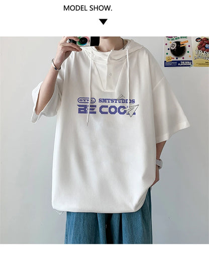 New Men's Casual Hooded Y2K T-Shirt Summer Short Sleeve Letter Printed T Shirts Hombre Oversized Hip Hop Fashion Gym Tee Tops Street King Limited