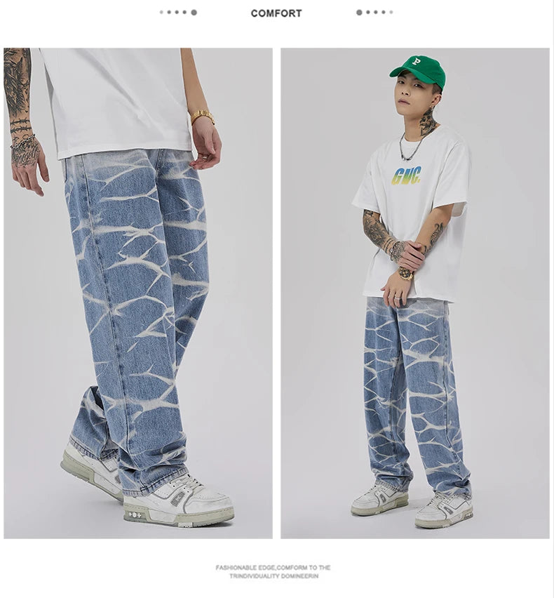 high street irregular tied dye biker jeans men denim straight jean pants 2023 motorcycle y2k trouser unisex hip hop casual pants unique jeans style 4986