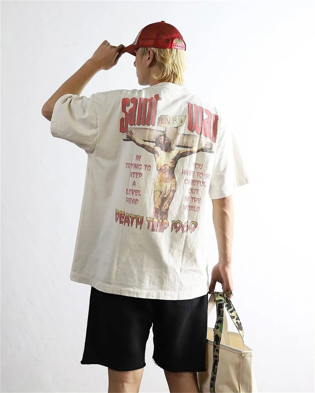 24SS New Vintage Retro Cross Printing Washed Distressed Short Sleeves T-Shirt Tops Street King Limited