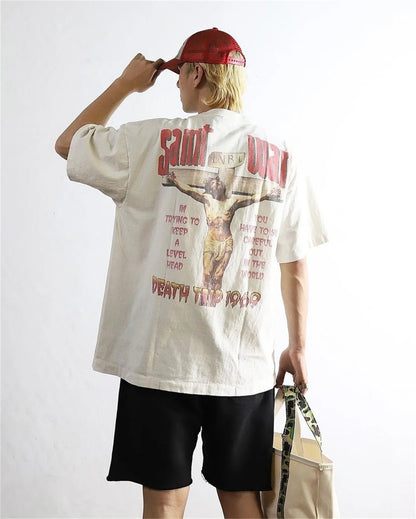 24SS New Vintage Retro Cross Printing Washed Distressed Short Sleeves T-Shirt Tops Street King Limited