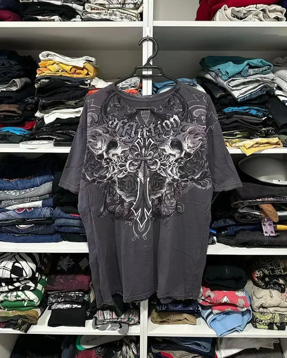 American Fashion Trend Pattern Print Cotton T-shirt Women Y2K New Harajuku Hip Hop Joker Short Sleeved Couple Casual Loose Tees Street King Limited