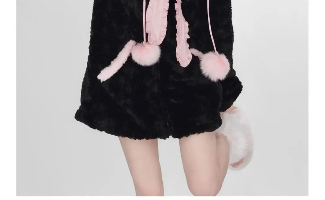 Harajuku Little WildCat Hoodies Women Bodysuit Black Tie Bowknot Cute Loose Goth Coat Y2k Style Kawaii Winter Clothes Women Street King Limited