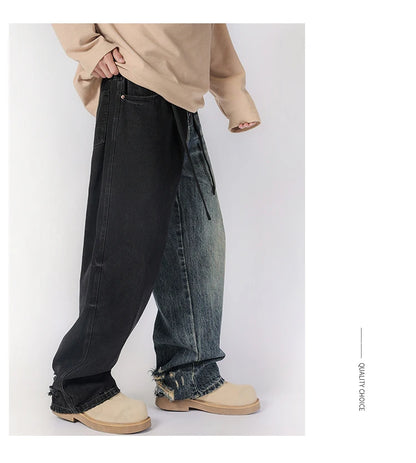 men streetwear fashion black blue splice hip hop loose casual wide leg straight baggy jeans pant cityboy jeans pants trousers unique jeans style 2524