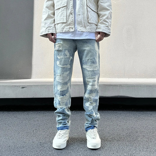 mens high street denim jean pants new casual blue slim ripped holes straight zipper jeans trousers hip hop streetwear joggers streetwear sweatpants