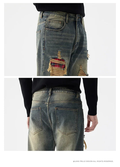 men broken hole patch loose casual plus size straight ripped denim pants jeans man streetwear fashion baggy jeans trousers unique jeans style 3047