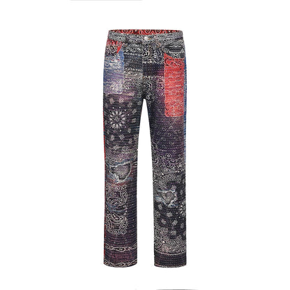 hip hop distressed paisley patchwork baggy jeans pants for men straight y2k ripped casual cargos oversized denim trousers combat utility trousers