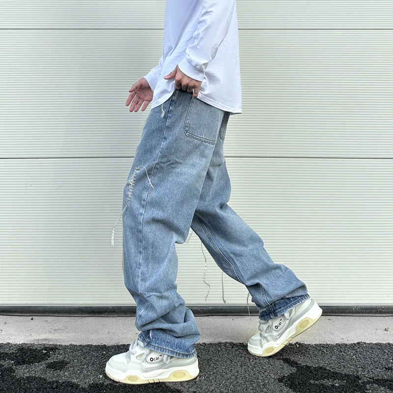fashion loose streetwear denim jeans new casual wide legs straight jean pants hip hop tassel joggers baggy jeans men clothing unique joggers style 4894