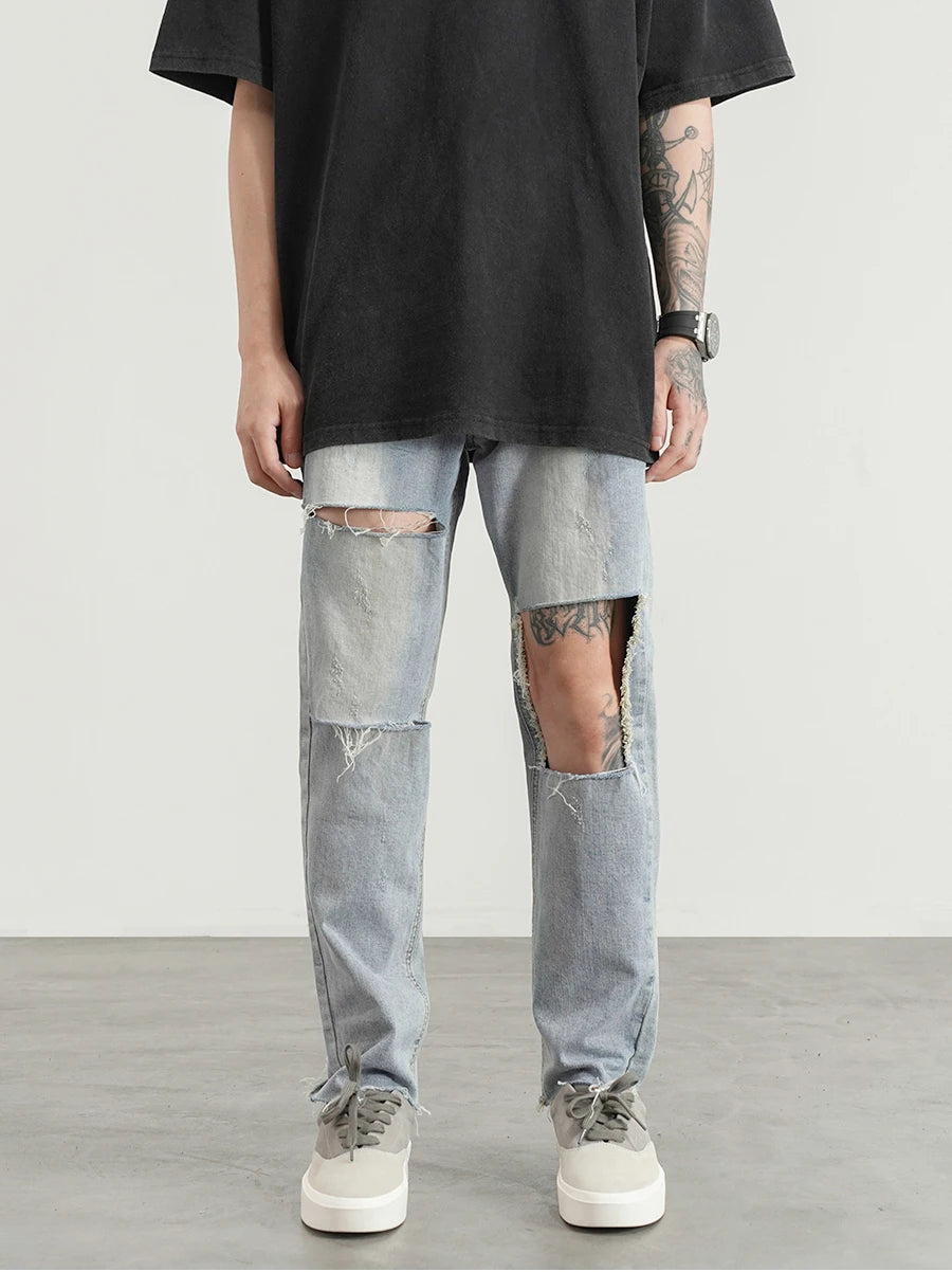 destroied big holes ripped denim jeans mens distressed biker jeans fashion high street slim straight pants streetwear joggers unique joggers style 352