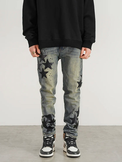 star appliques denim jeans skinny trousers slim fit men new casual biker jeans fashion streetwear hip hop trousers pants joggers sporty tapered joggers