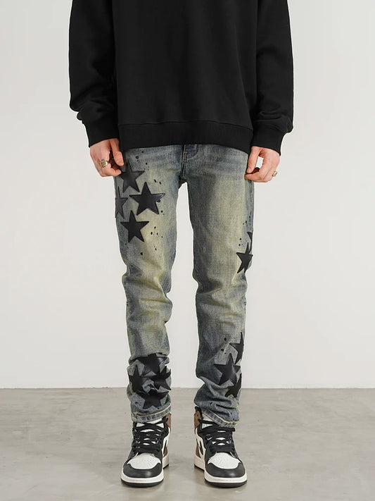 star appliques denim jeans skinny trousers slim fit men new casual biker jeans fashion streetwear hip hop trousers pants joggers sporty tapered joggers