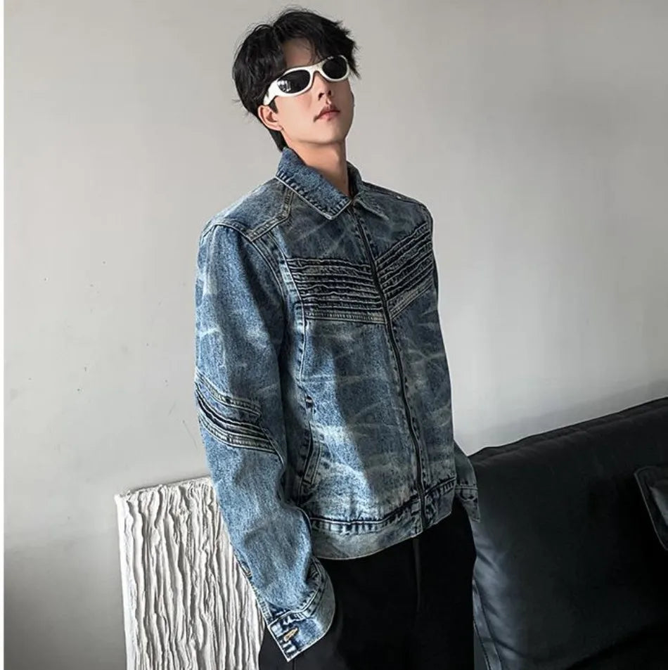 vintage washed mens denim jacket heavy weight high street contour pleat design cowboy coats short motorcycle hip hop outwear unique jeans style 3694