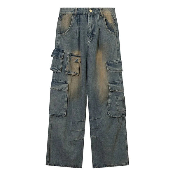 Men's Cargo Pants Multi-Pocket High Street Jeans Blue Washed Distressed Trousers Hip-Hop Straight Leg Trousers Loose Jeans Street King Limited