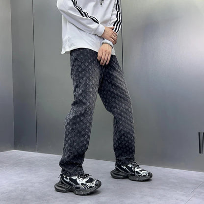 Men Wide Leg Denim Pants High Street American Retro Jacquard Loose Straight Jeans Y2K Fashion Streetwear Baggy Trousers Street King Limited